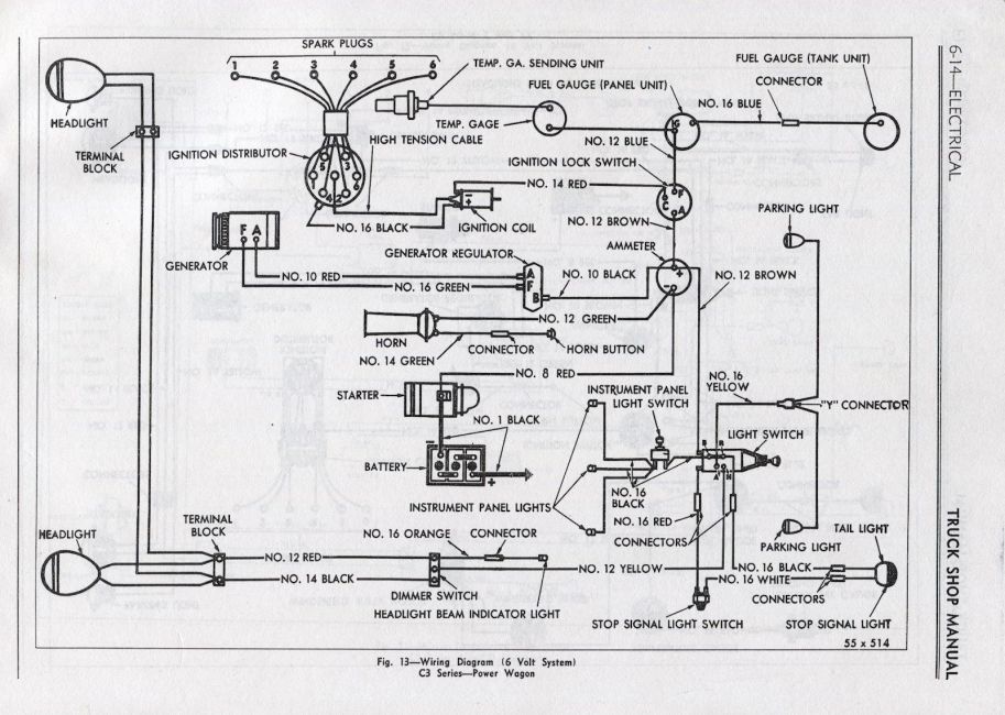 1955 C3-PW Wiring Diagram (6 volt)
From reproduction Truck Shop Manual Vol 1, WM-4351
