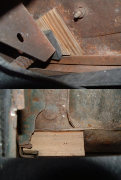 Cab Mounting Blocks Placement
Close-up images of the correct placement of reproduction wooden blocks needed between front corners of cab floor and frame brackets on early Power-Wagon.
