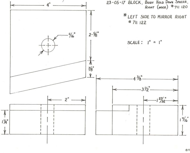 Cab Mounting Block Dimensions
Line drawing of correct dimensions to reproduce the original wooden spacer blocks needed between front corners of cab floor and frame brackets on early Power-Wagon.

