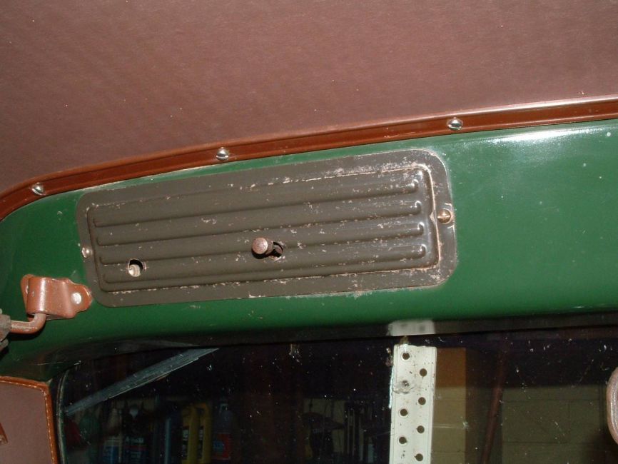 Green Comparison
Seawolf Submarine Green wiper motor access cover mounted in a Dodge Truck Dark Green cab for color comparisons. Seawolf Submarine Green was a color available only on Power-Wagons. Dodge truck Dark green was available on both Power-Wagons and conventional two wheel drive Dodge Trucks. Although Seawolf Submarine Green is listed in period sales brochures as being the standard color for Power-Wagons, Dodge Truck Dark Green was apparently more popular as it is more often seen today.
