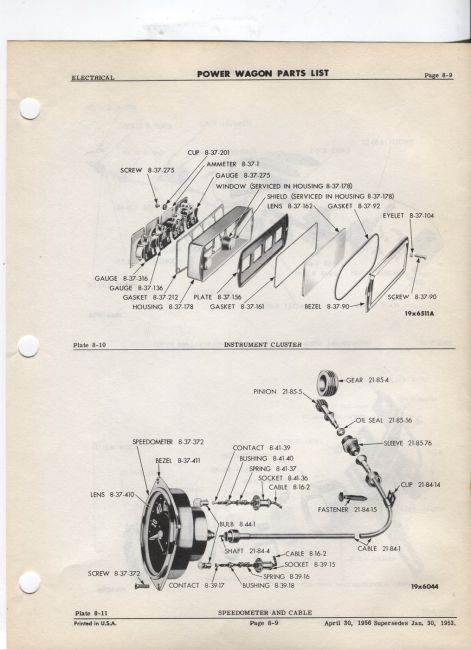 Parts Book April 1956 Pg 8-9 Instrument Cluster, Speedometer
